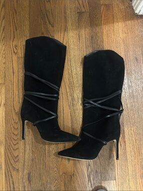 Worn once- SCHUTZ Black Suede Pointed-Toe Wrap Lace Heeled Boots